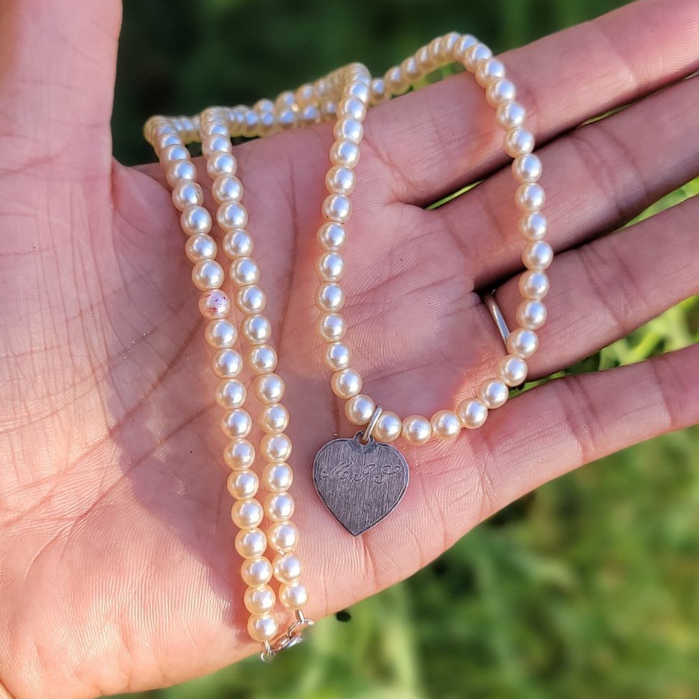 Vintage 925 sterling silver monogram heart pearl necklace